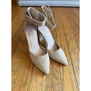 GLAZE Shoes Womens Size 7.5 Beige Ankle Strap Heels Pumps Block Heel Pointed